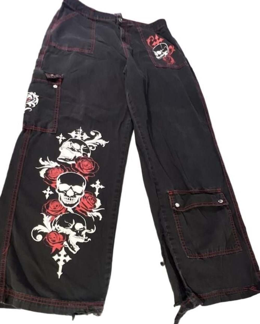 Tripp NYC Black and Red Contrast Stitch Skull & Roses Wide Leg Cargo Pants